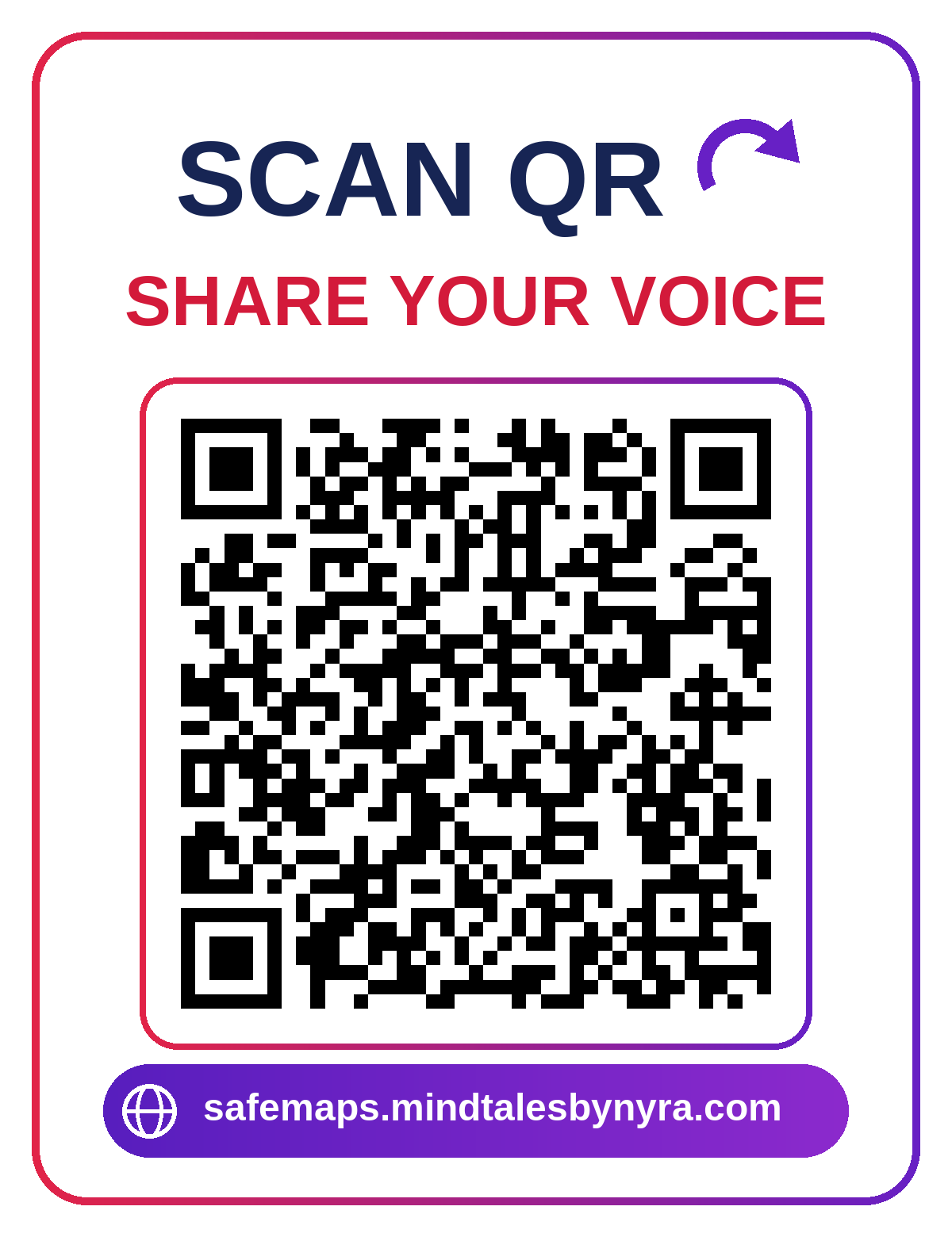 Scan QR — share your voice at safemaps.mindtalesbynyra.com
