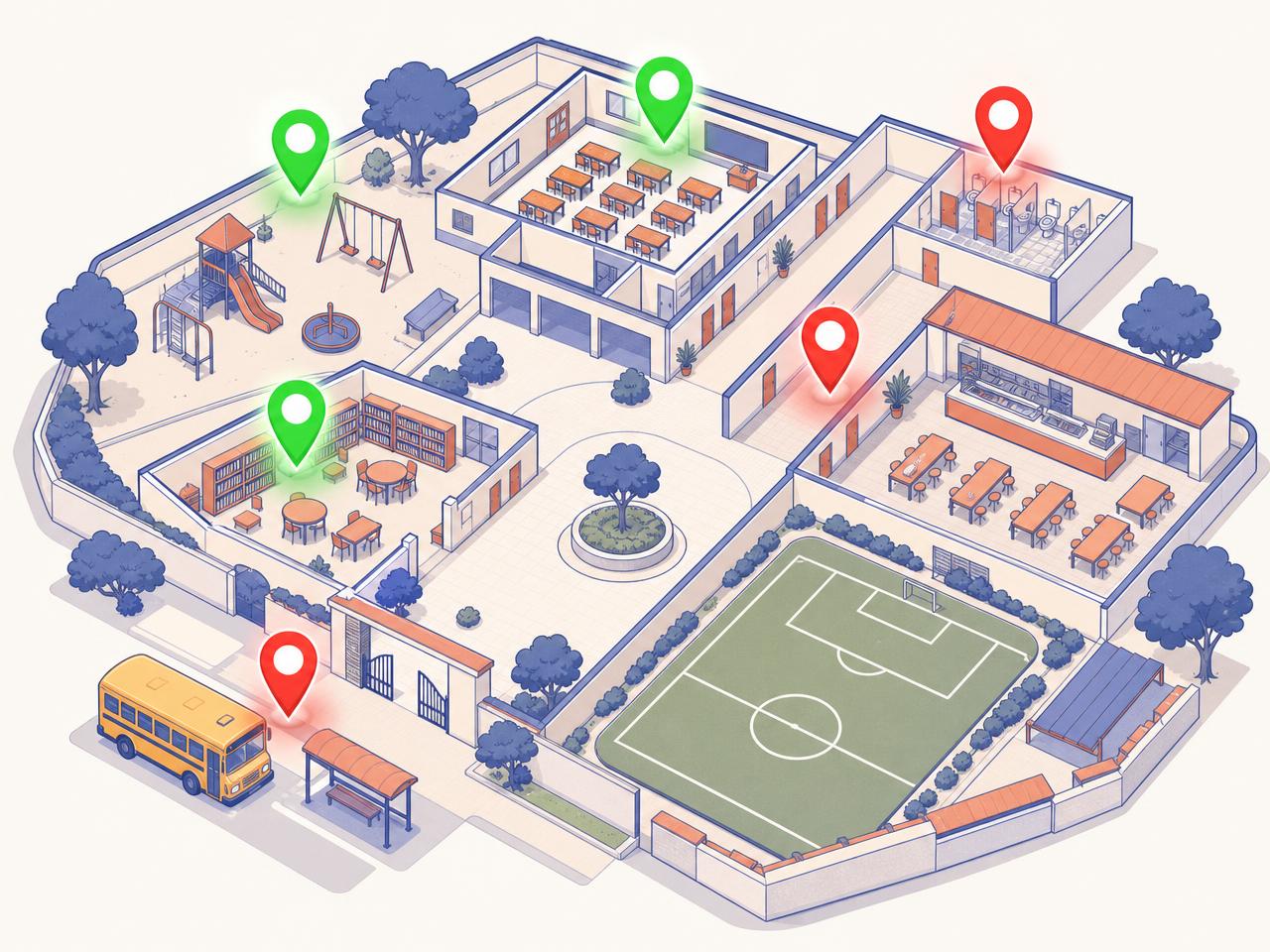 Illustrated school map with green pins marking safe zones and red pins marking concern zones across classrooms, playground, library, canteen, toilets and the school bus
